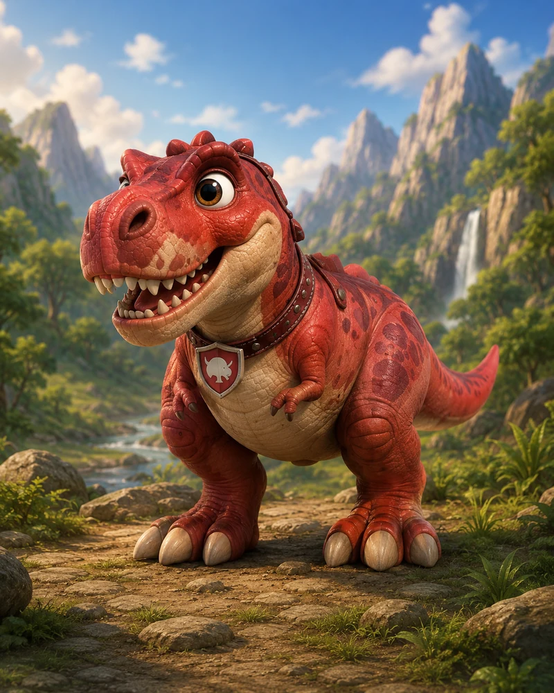 Approved character artwork of DJ, a light earthy red Tyrannosaurus rex from The Valorsaurs
