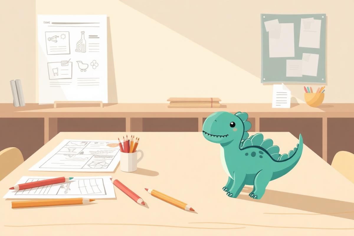 A classroom table with printable activity sheets, colored pencils and a small dinosaur figure