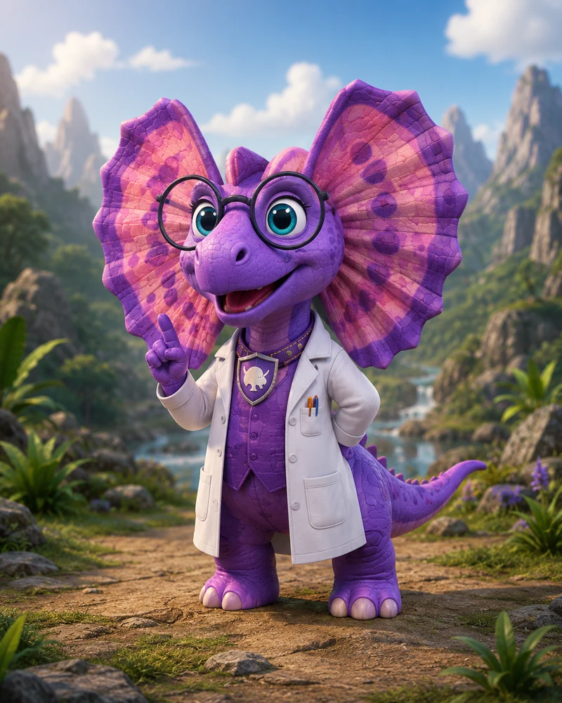 Approved character artwork of Professor Nikki, a purplish pink Valorsaur